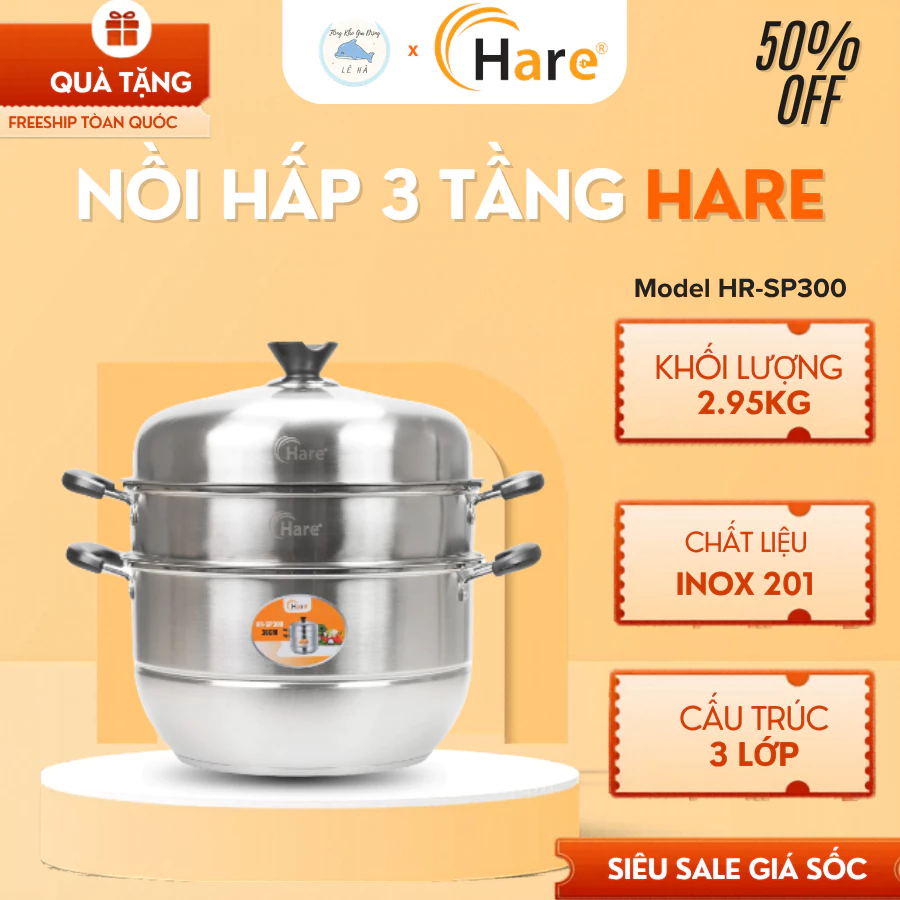 Nồi Hấp 3 Tầng Hare HR-SP300 30cm Đa Năng, Nắp Kính Cường Lực Dễ Quan Sát Thực Phẩm - Tổng Kho Gia Dụng Lê Hà
