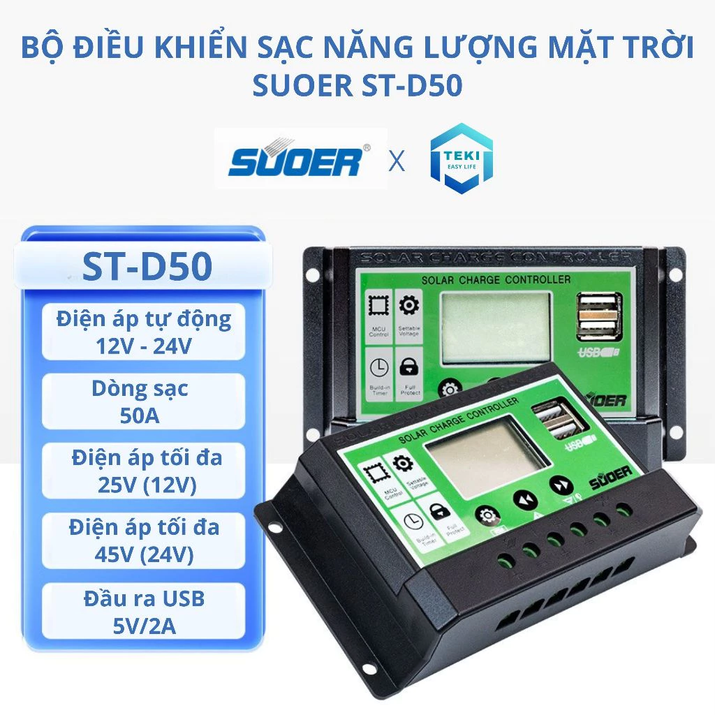 Bộ Điều Khiển Sạc Năng Lượng Mặt Trời PWM SUOER ST-D50 12V/24V Tự Nhận Bình Màn LCD USB Kép