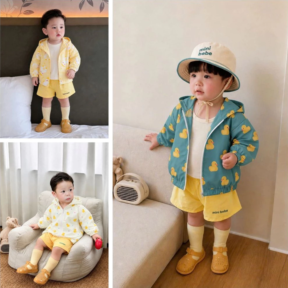 Áo gió bé trai 2 lớp, áo khoác gió bé trai in hình vịt 2 lớp dày dặn có mũ từ 9 đến 24kg