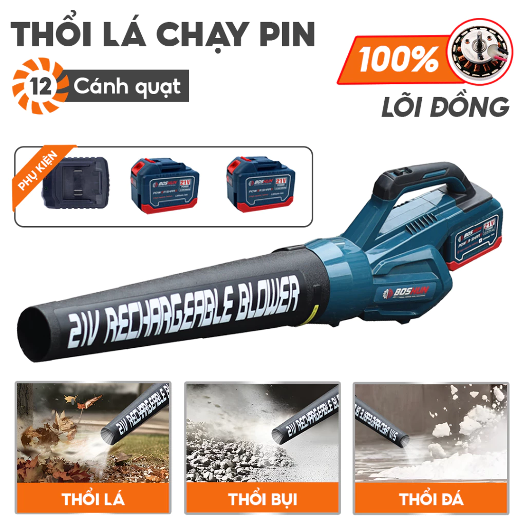[Chính Hãng] Máy Thổi Lá Bossun BS-RB680 Chuyên Thổi Lá, Rác, Bụi 2 tốc độ 12 Cánh Kèm 2 Ống Thổi