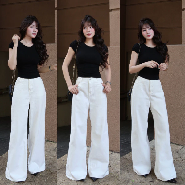 COKI - Quần Jean Nữ Ống Rộng Loe Màu Trắng Ống 30CM Lưng Cao Tôn Dáng Chiều dài 104cm