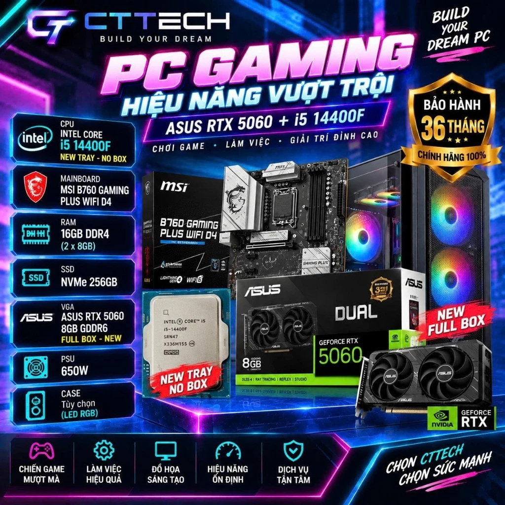Bộ PC lắp ráp CTTECH 01 ASUS 5060 / I5 14400F / B760 / RAM 16G LED Mới -  Bảo Hành 36 Tháng