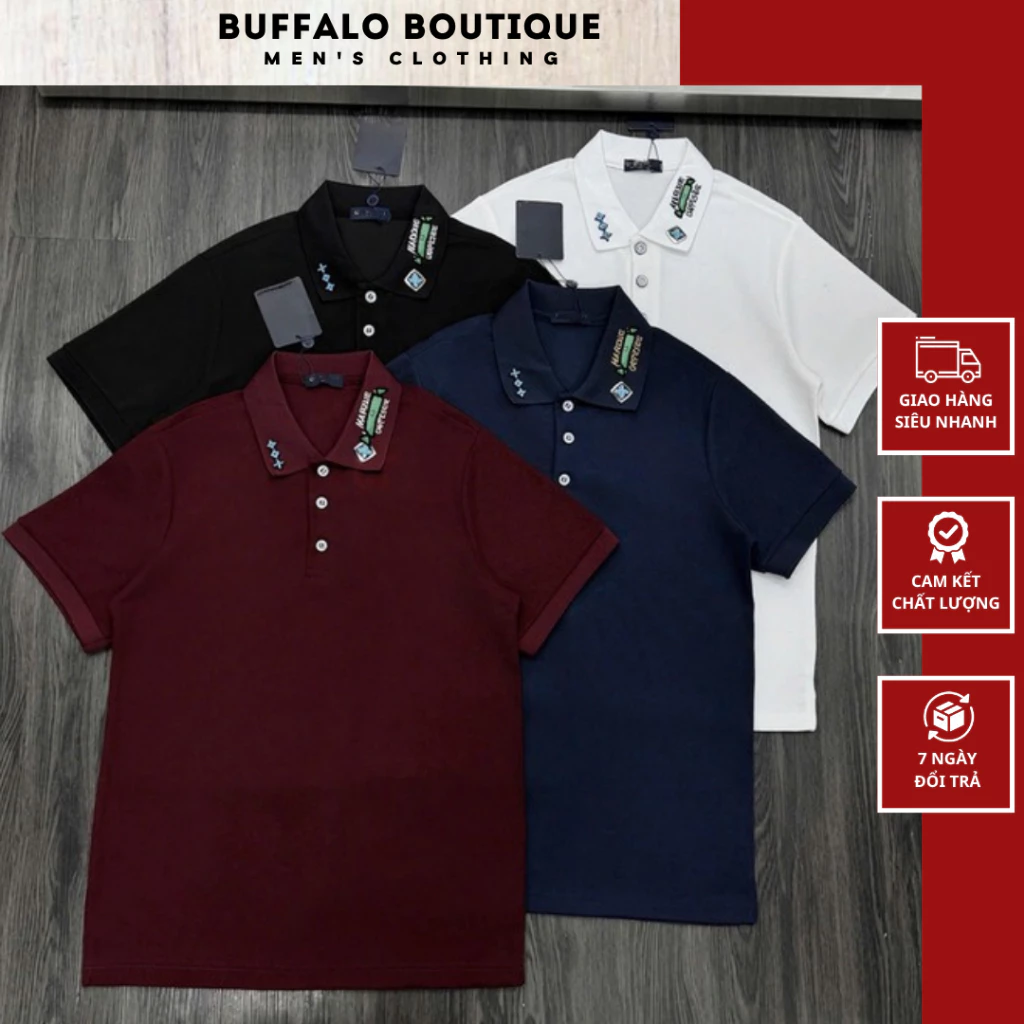 Áo Polo Nam Đính 3 Bông Hoa Xanh Nhỏ Cổ Áo Siêu Đẹp - Polo Nam Nữ Thêu Chữ Cổ Áo Cao Cấp