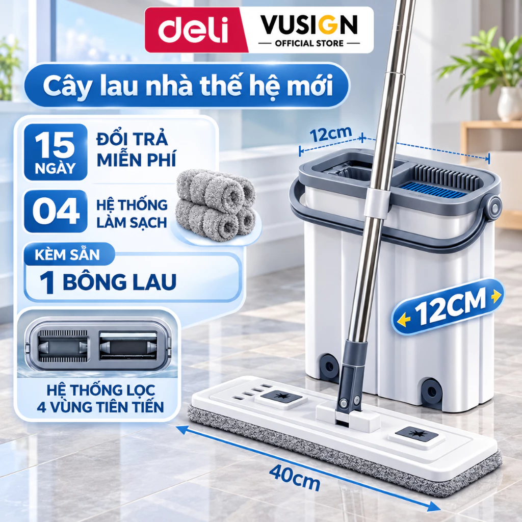 Bộ Cây Lau Nhà Tự Vắt Deli Vusign, Chổi Lau Nhà 360 Độ Siêu Mỏng 4 Hệ Thống Làm Sạch Mới