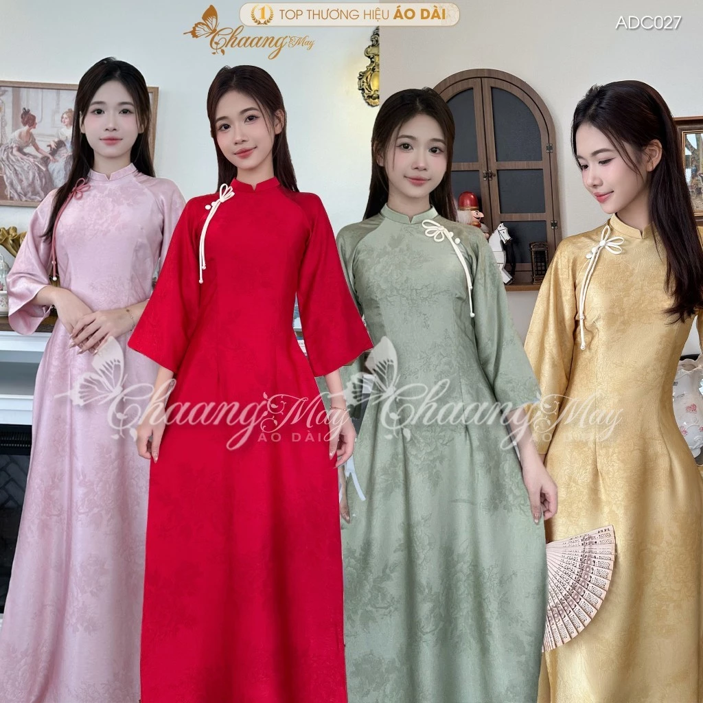 Áo dài Tết cách tân nữ lụa Dubai mẫu đơn Chaang may sẵn ADC027 áo dài xuông nhẹ dự tiệc cưới lễ đẹp