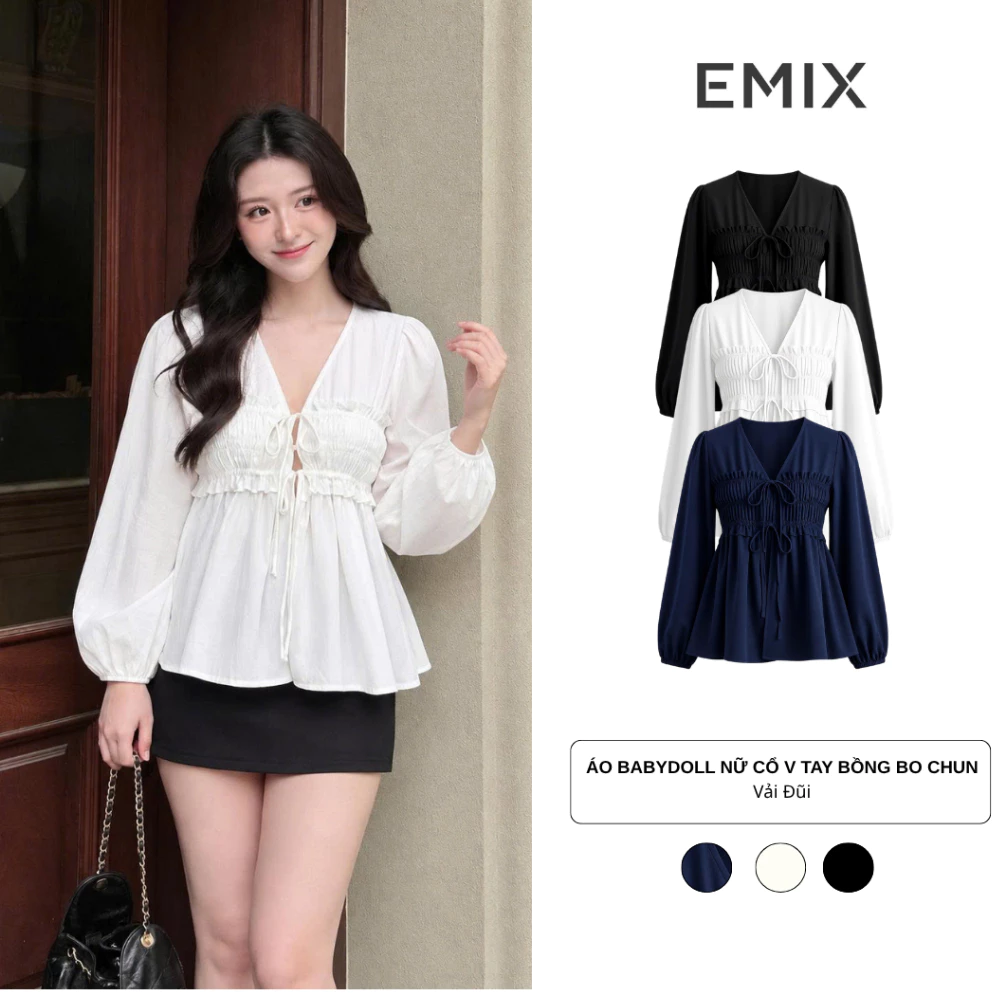 Áo Babydoll Nữ Cổ V Tay Bồng Bo Chun Eo Nhún Điệu Đà Retrostyle Áo Đi Làm Back To School Aobabydoll02