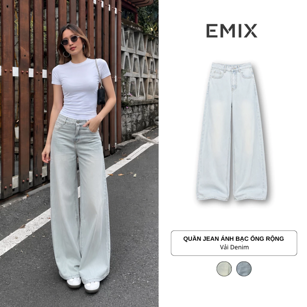 Quần Jeans Ống Rộng Xanh Bạc Ánh Rêu RetroStyle Lên Dáng Đẹp Back To School Quần Đi Học Đi Làm