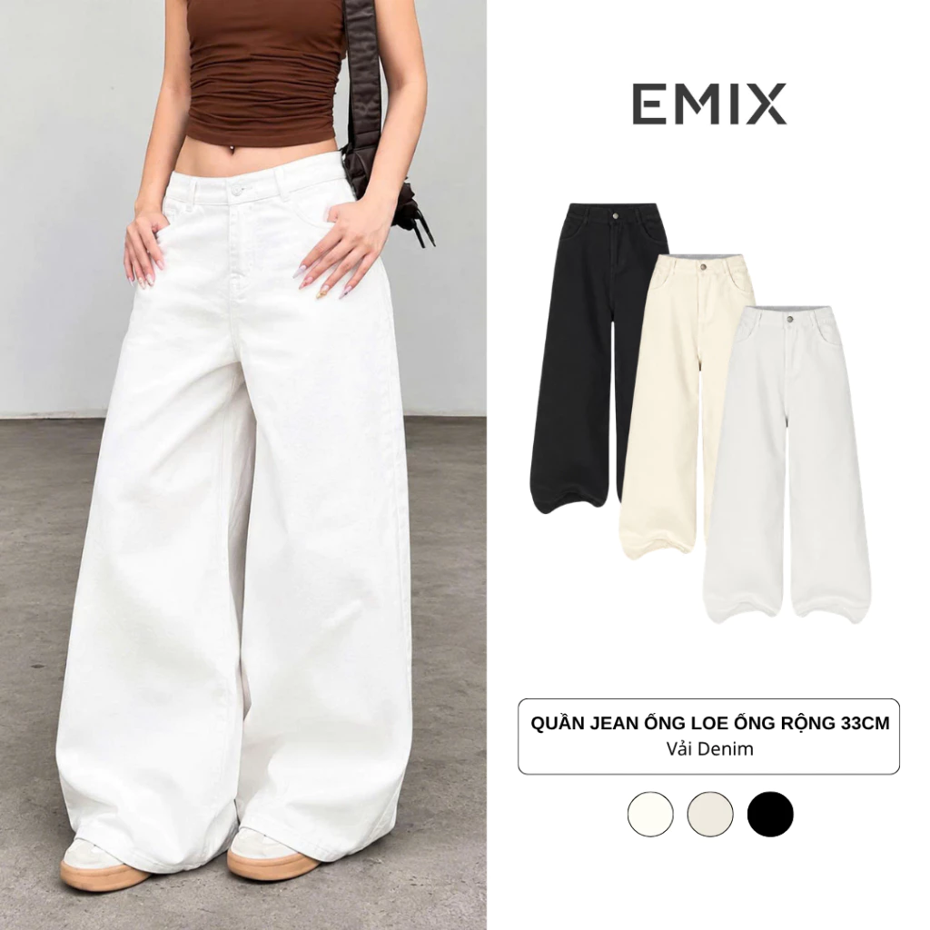Quần Jean Ống Loe Màu Trắng Cạp Cao Form Rộng Dài Chùm Chân Retro Back to School Quần Đi Học Đi Làm