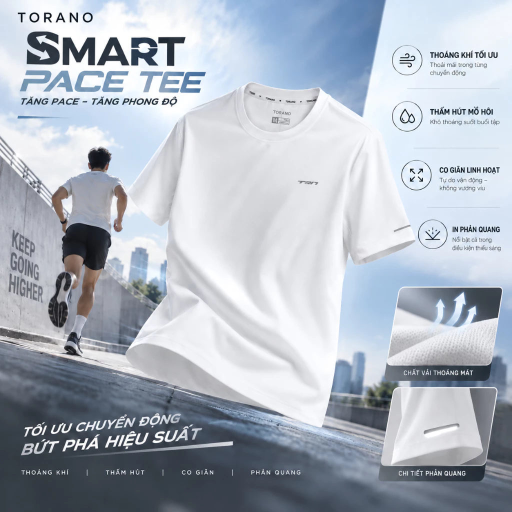 Áo Thun Nam TORANO SMART PACE TEE Trơn In Phản Quang, Co Giãn Thoải Mái, Thấm Hút Mồ Hôi, Siêu Thoáng Khí HSTS902