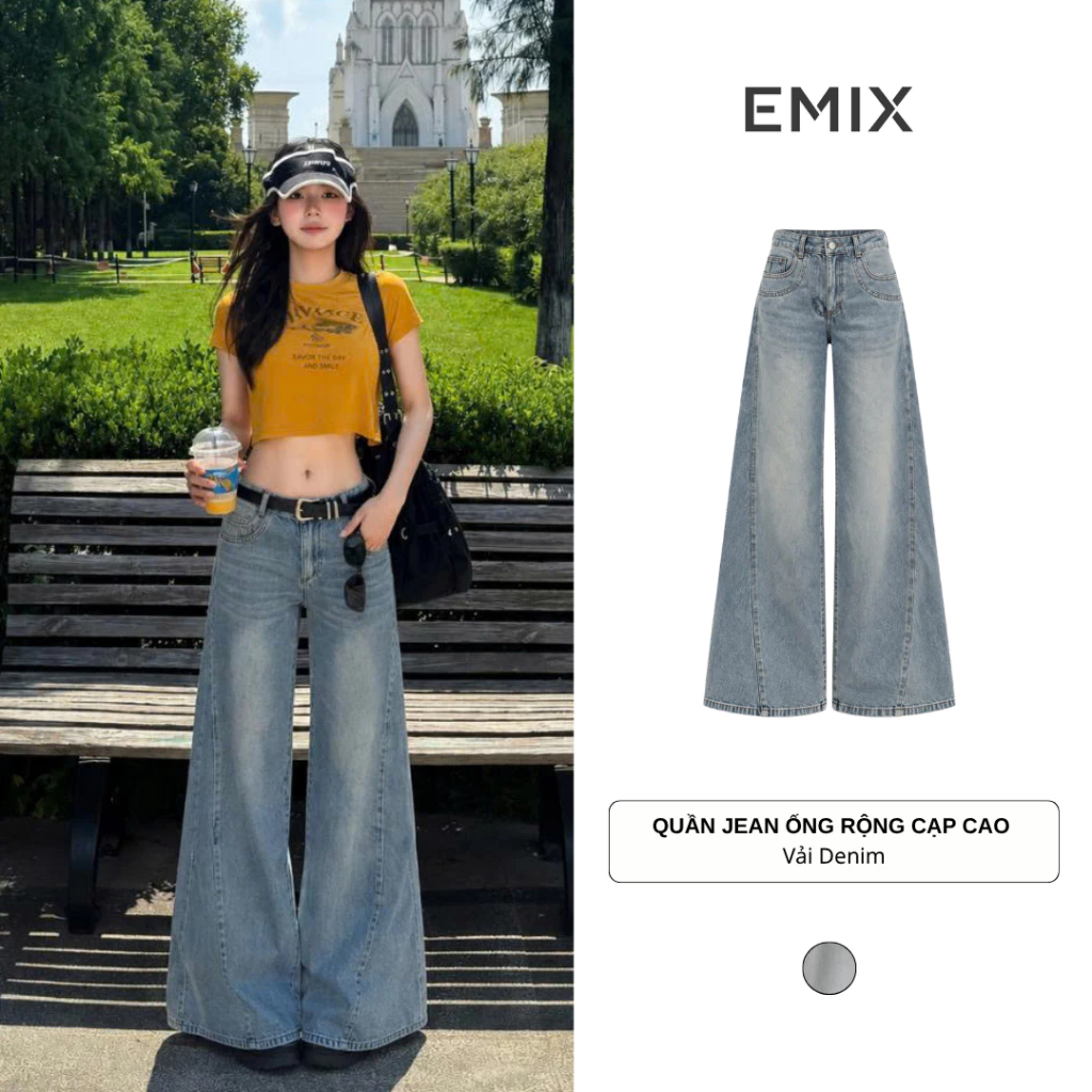 Quần Jean Nữ Ống Rộng Cạp Cao Form Suông Dài Màu Wash Xanh Nhạt Phong Cách Vintage Retro Q.Jeans098