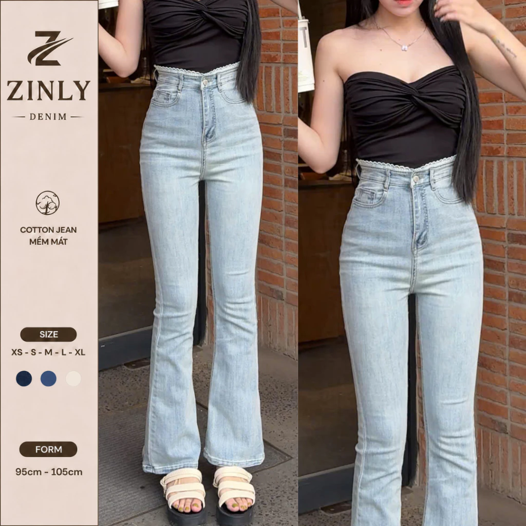 [ ZINLY SHOP ] Quần Jean Nữ Ống Loe Fom Ngắn 95Cm Và Dài 105Cm Phối Ren Lưng Vải Co Giãn Dẻo Dai Mềm Mát Q412
