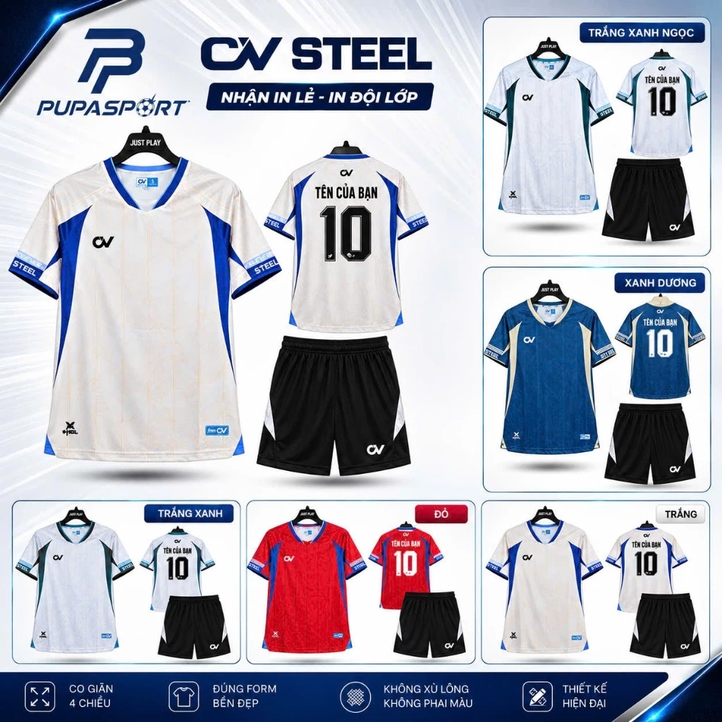 Bộ Đồ Đá Banh CV STEEEL - 5 Màu, Vải Mè Cao Cấp Cho Nam Nữ, Có In Tên Unisex Quần Sport Top