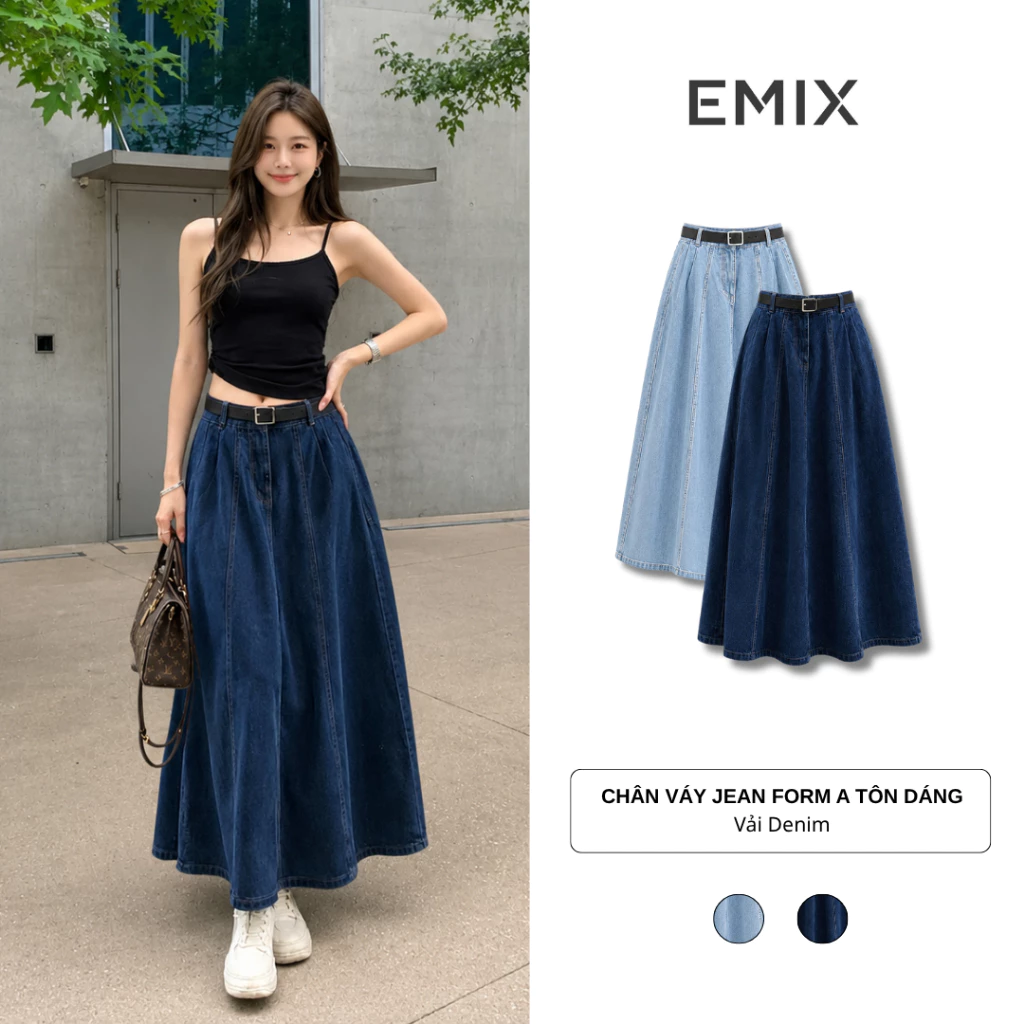 Retrostyle - Chân Váy Dáng Dài Chất Jean 2 Ly Trước - 2 Màu Xanh Đậm, Xanh Nhạt - CvJean7653