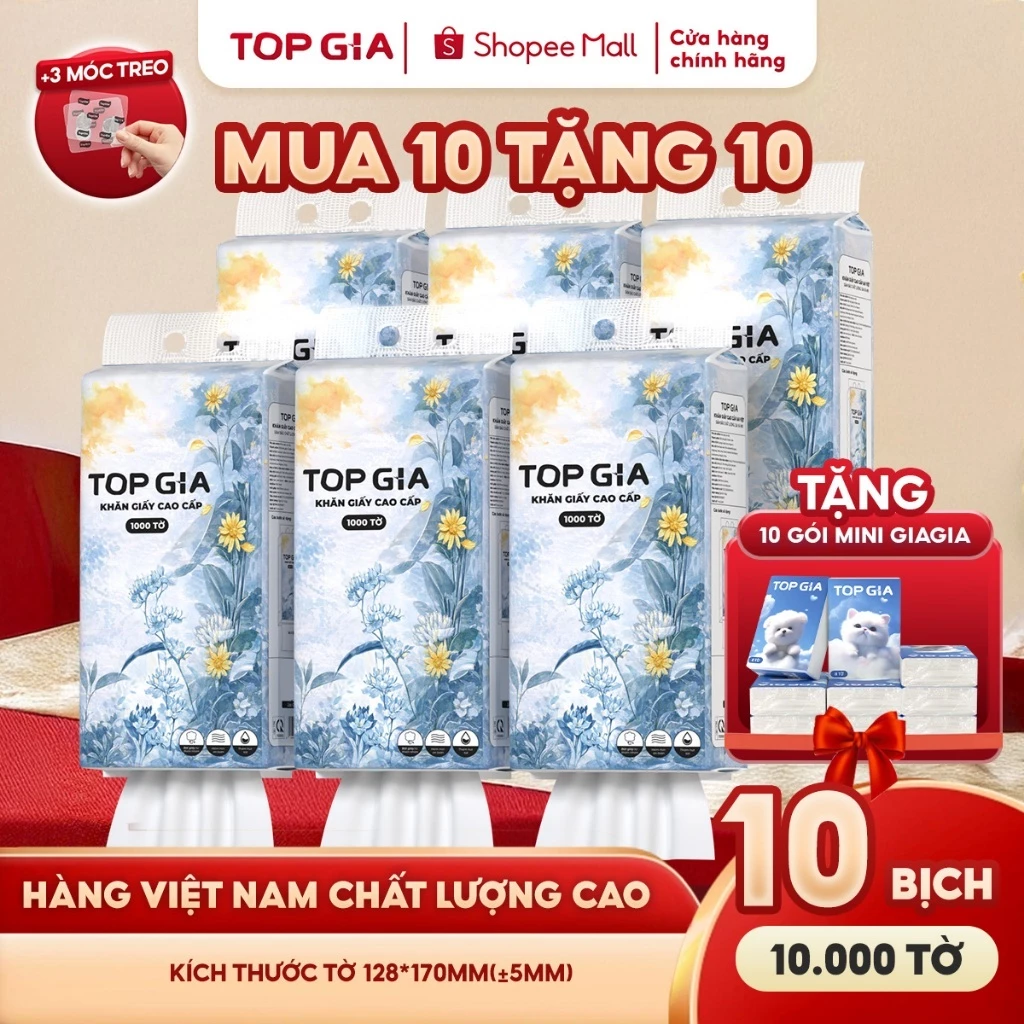 (MUA 10 TẶNG 10 GÓI MINI) Thùng 10 bịch khăn giấy rút Mộc an TopGia 1000 tờ 4 lớp dày dặn, hàng Việt Nam (bao bì mới)