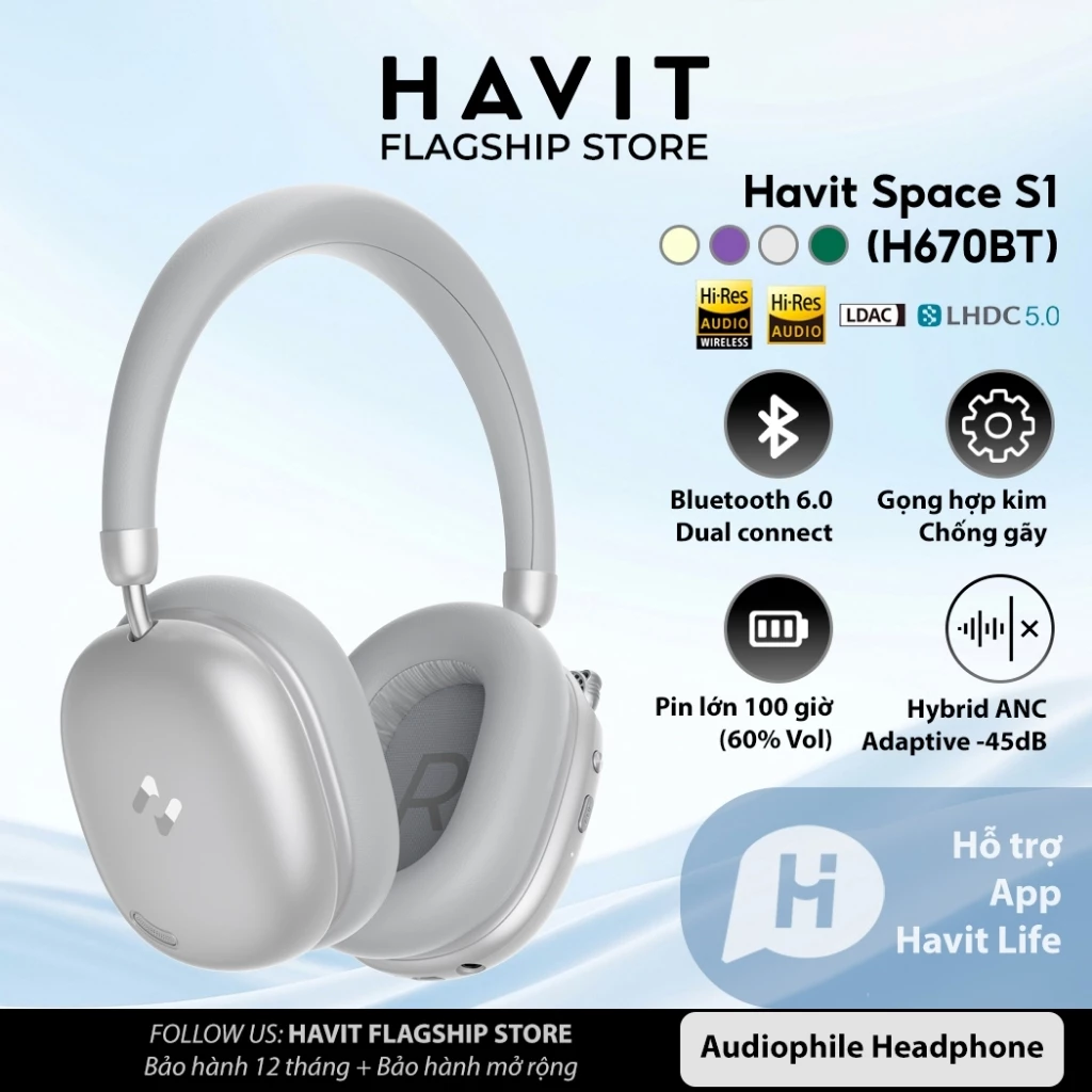 Tai nghe Bluetooth Headphone Havit Space S1 | Adaptive ANC 45dB | Codec LHDC | Bluetooth 6.0