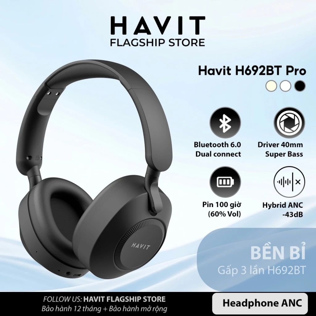 Tai nghe Bluetooth Headphone Havit H692BT Pro Pin 100 tiếng | Kết Nối 2 Thiết Bị | BT 6.0