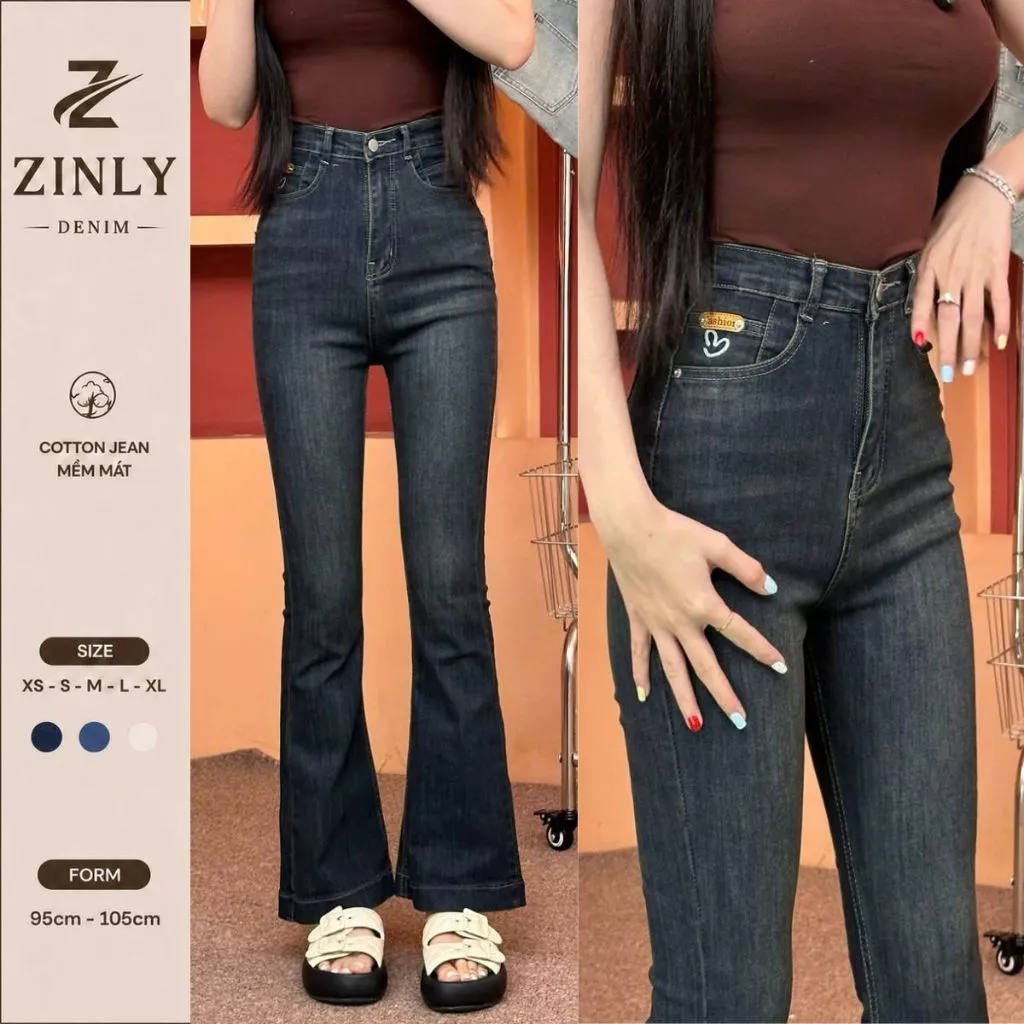 Quần Jean Nữ Ống Loe Có Fom Ngắn 95Cm Và Dài 105Cm Túi Thêu Trái Tim Vải Co Giản Mềm Mát Q423