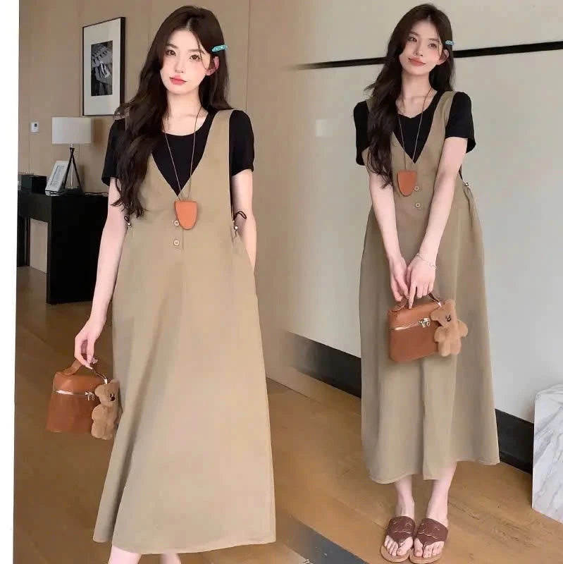 (Xả Kho): Đầm Bầu 2 Món Váy Yếm Kaki Dáng Dài Mix Áo Thun Đen Tay Cộc-Ảnh Thật Lollaye