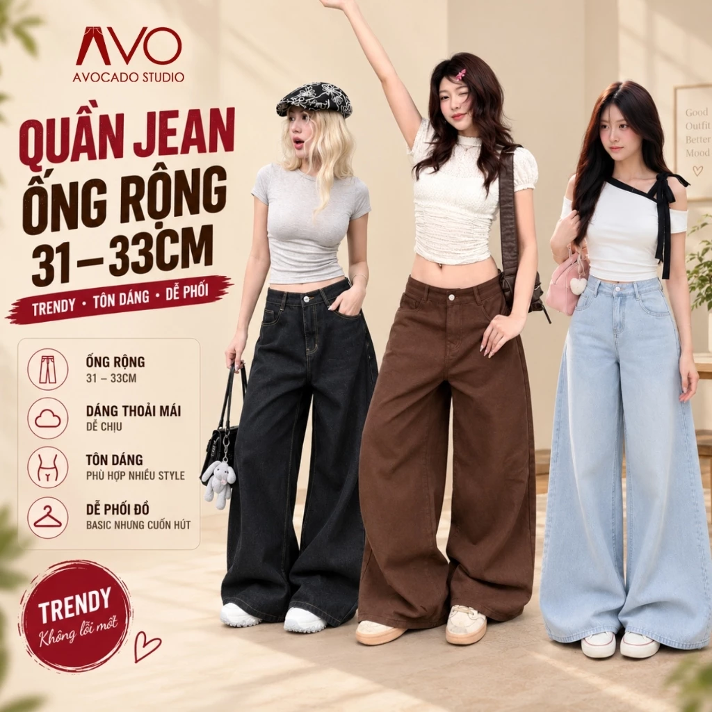 Quần Jean Nữ ống Rộng Avo Avocado Dáng Rộng màu Trắng Nâu choco ống 33cm cạp cao tôn dáng Bigsize