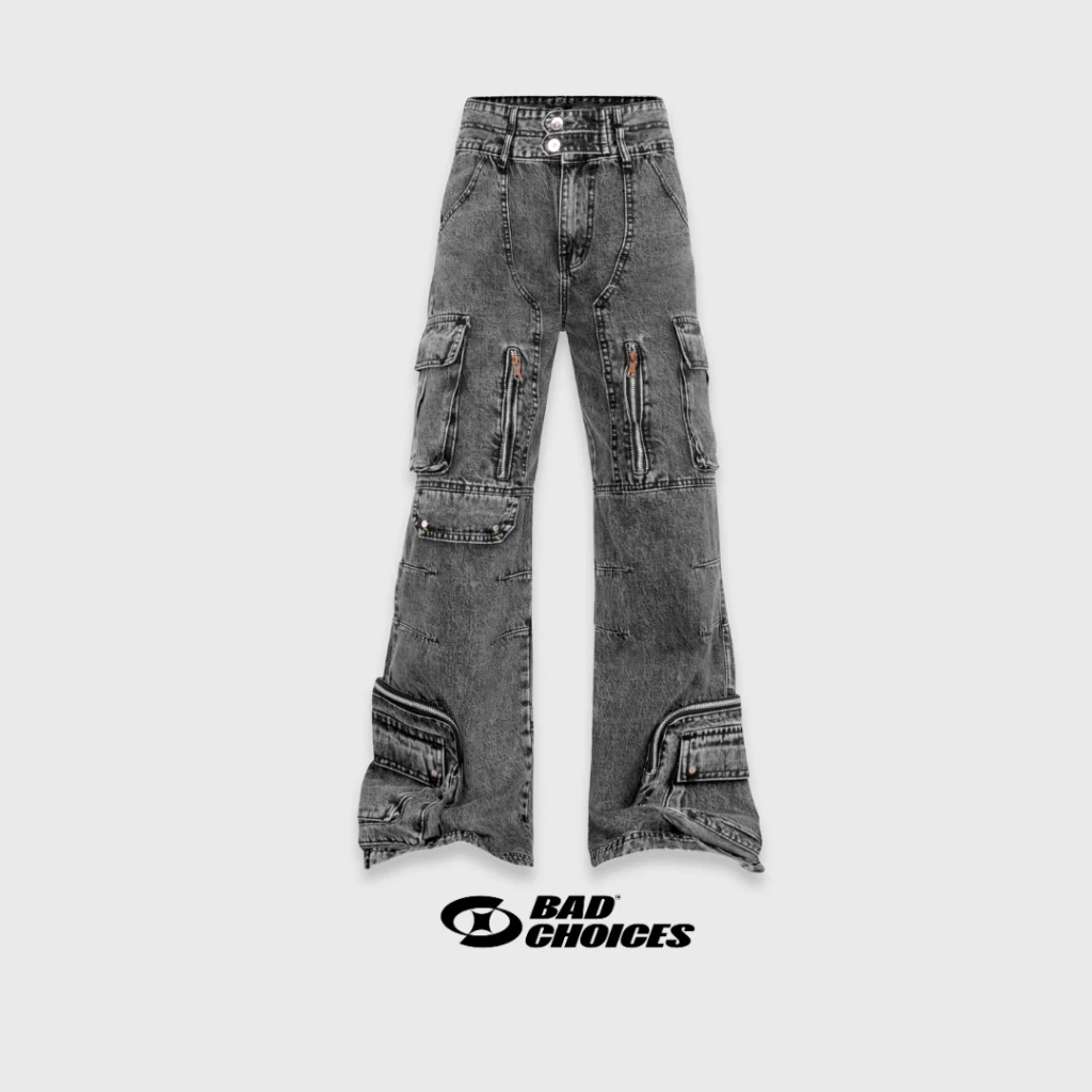 Bad Choices | Quần jean suông loe DESTROYED dây kéo phối túi hộp StreetWear Style