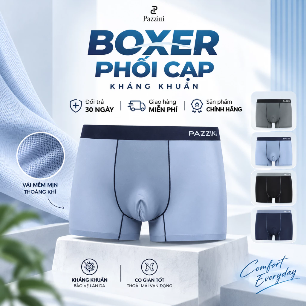 Quần lót nam boxer PAZZINI thun lạnh xuất xịn cao cấp, quần sịp nam co giãn 4 chiều, thấm hút kháng khuẩn tốt BX011