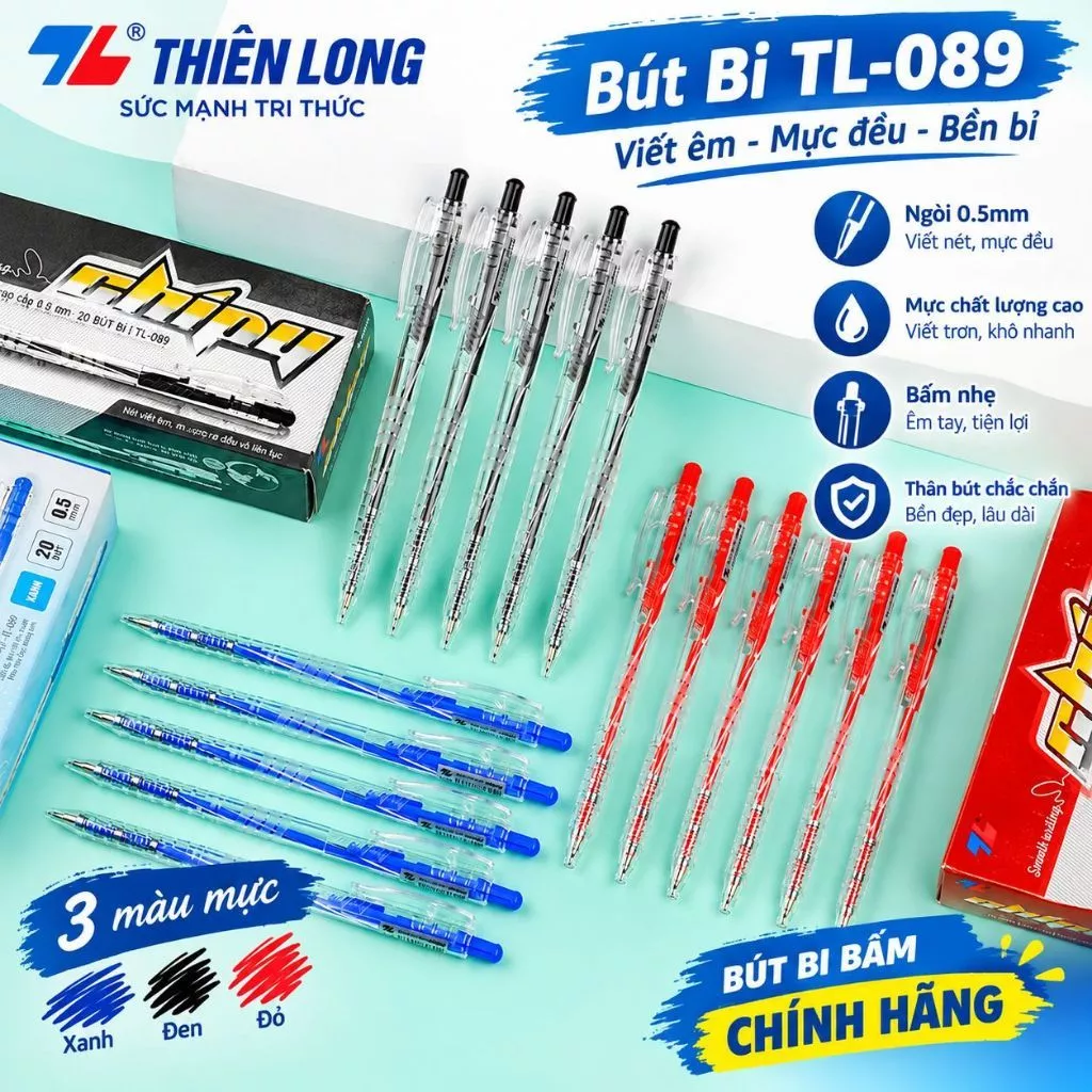Combo 20 Bút Bi Thiên Long TL-089 0.5mm Chính Hãng, Bút Bi Bấm Viết Êm Mực Đều
