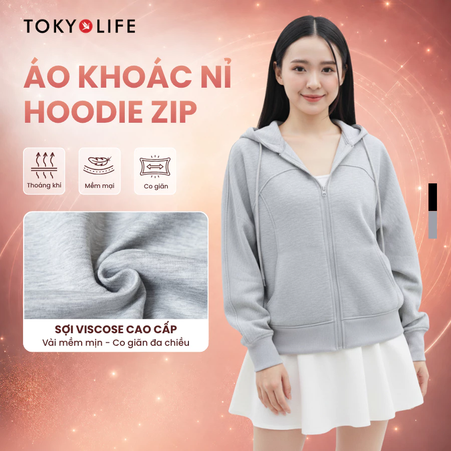 [THU ĐÔNG 2026] Áo Khoác Nỉ Hoodie Zip Nữ TOKYOLIFE Form Boxy Vải Cotton Mềm Mại Thoáng Mát 40005492