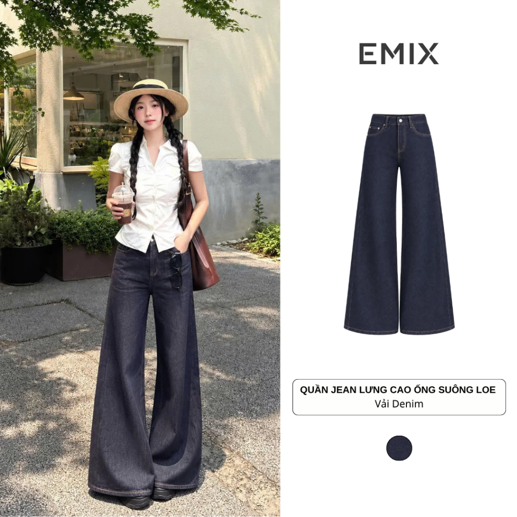 Quần Jean Ống Loe Màu Xanh Đen Cạp Cao Ống Suông Rộng Tôn Dáng Phong Cách Hàn Quốc EMIX Q.Jeans099