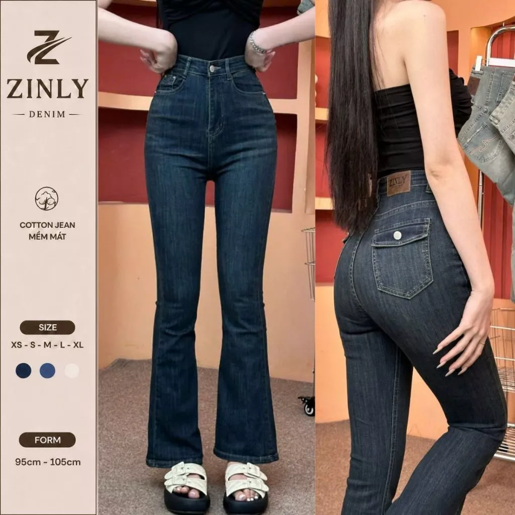 Quần Jean Nữ Ống Loe Có Fom Ngắn 95Cm Và Dài 105Cm Túi Hộp Màu Đậm Vải Co Giản Mềm Mát Q429