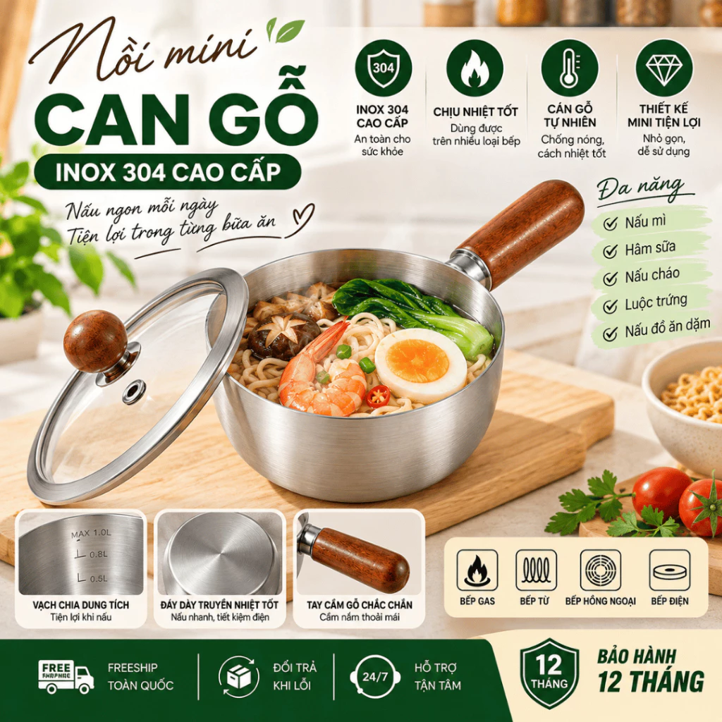 Nồi Inox Tay Cầm Cán Gỗ Mini 14cm Cao Cấp Phù Hợp Nấu 1 Gói Mì, Luộc Trứng, Nấu Cháo, Sữa