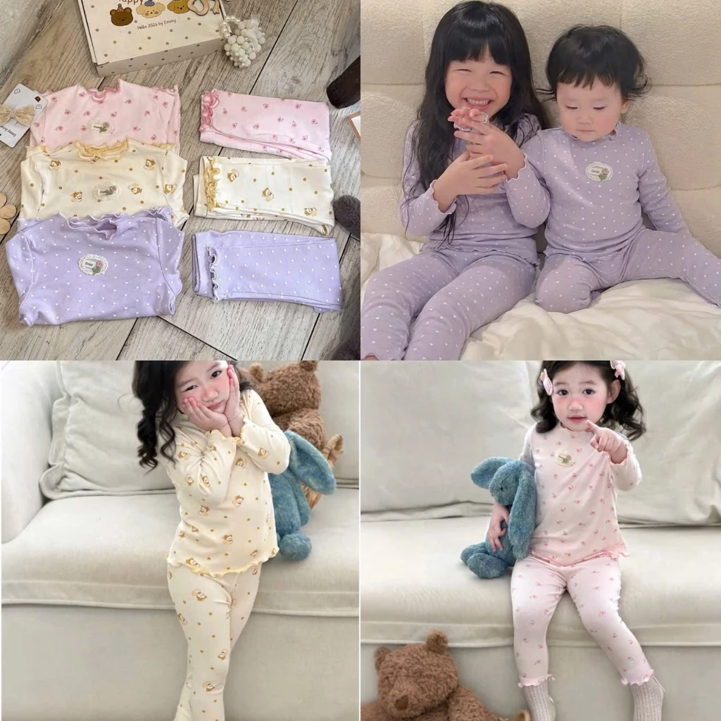 Bộ dài tay thu đông bé gái hoạ tiết hoa nhí chất liệu cotton mềm mại phong cách hàn quốc