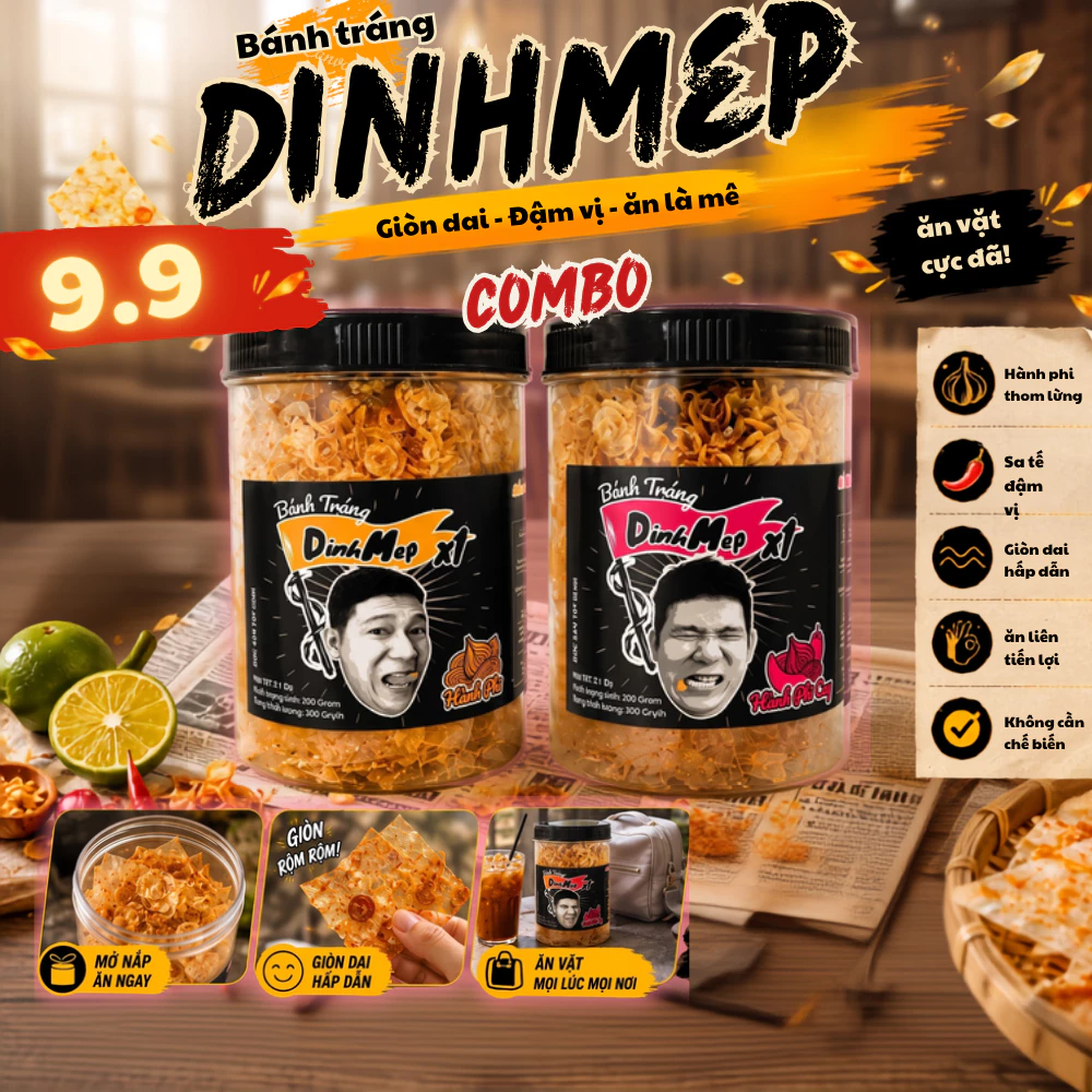 [COMBO 2 HŨ] NGON TỚI ĐỈNH với bánh tráng DINHMEP HÀNH PHI - Combo 2 hũ bánh tráng Dính Mép hành phi