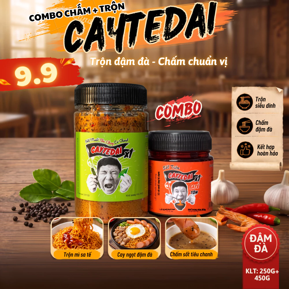 [COMBO 2 Hũ] Sốt Muối Tiêu Chay Lá Chanh (450g) & Sa Tế Tôm (250g) Chấm Hải Sản, Thịt Luộc, Trộn Mì