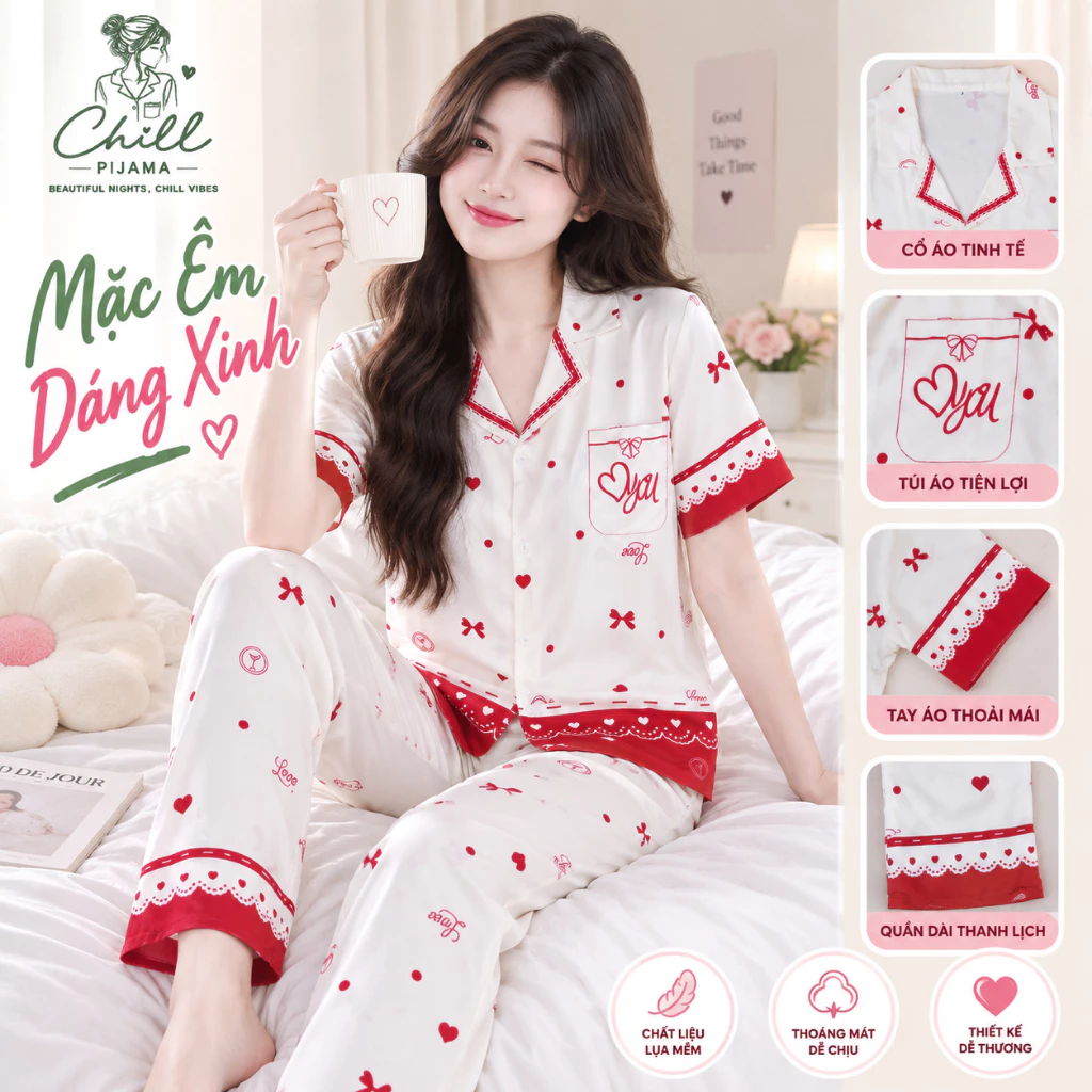 [Chill Shop] Bộ Ngủ Nữ Pijama Tay Ngắn Quần Dài Lụa Cát Thoáng Mát Tốt Mềm Mịn Họa Tiết Mèo