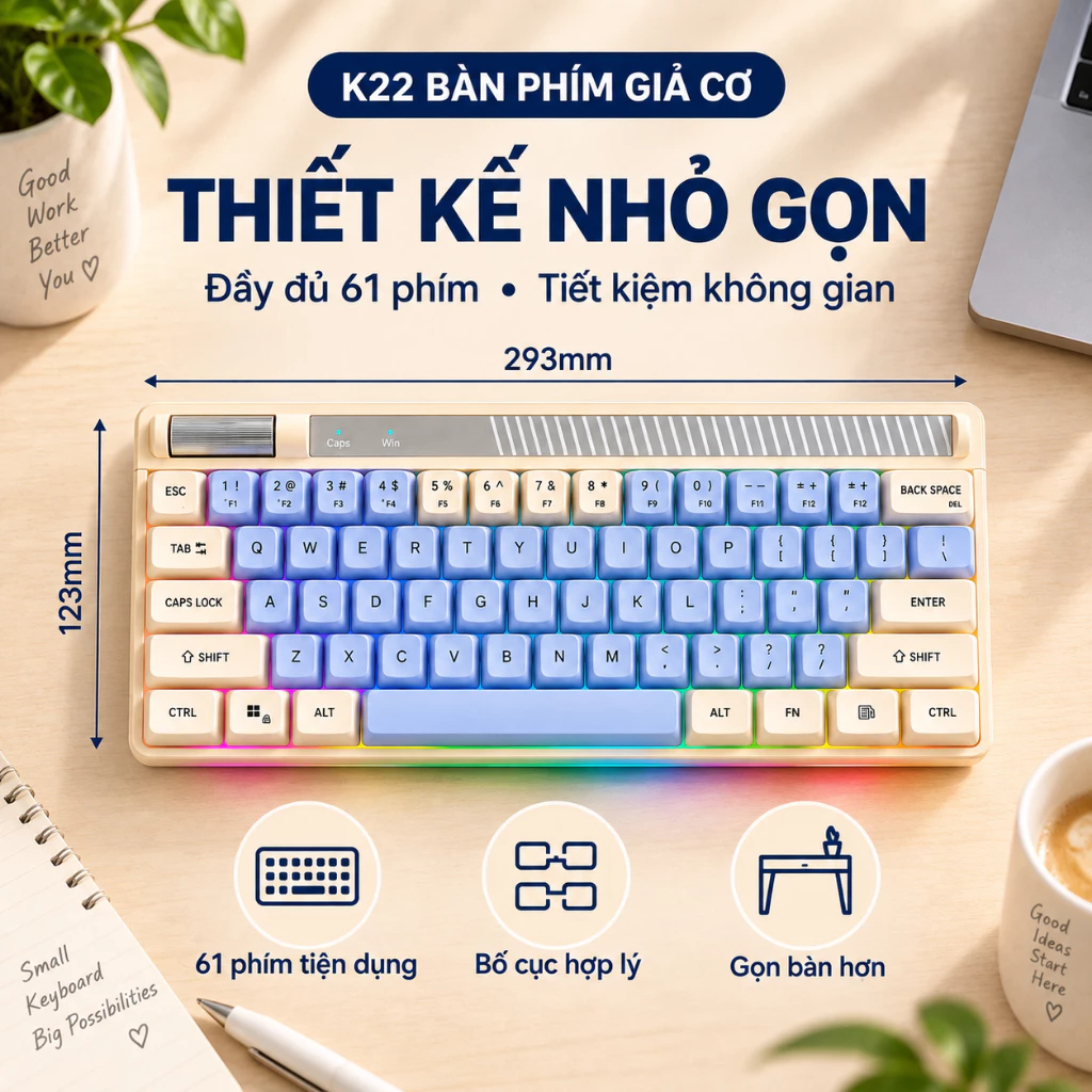 Bàn Phím Giả Cơ K22 RGB 7 Màu 61 Phím, Type-C, Nhỏ Gọn Tiết Kiệm Diện Tích Cho PC Laptop Gaming