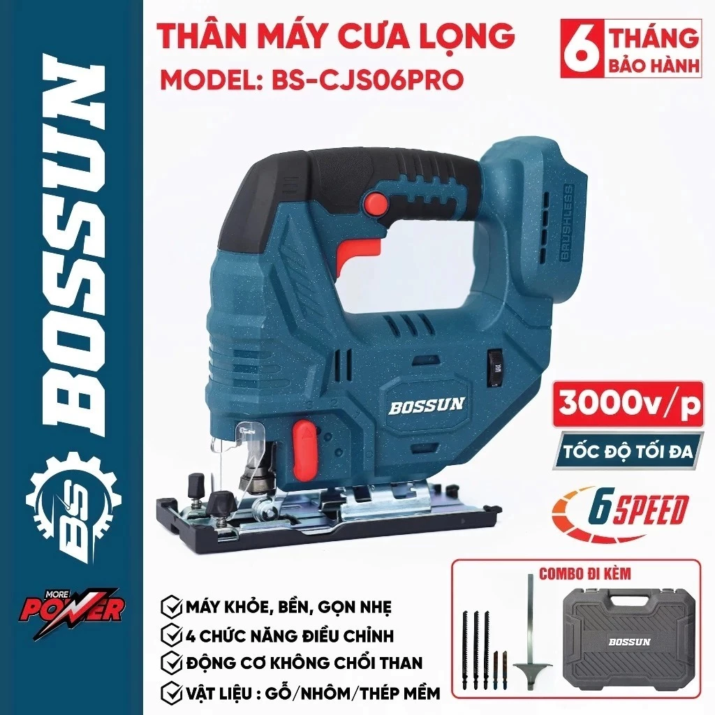 [TẶNG 5 LƯỠI] Máy Cưa Lọng Cầm Tay Bossun BS-CJS06PRO Không Chổi Than 6 Tốc Độ 3000rpm - Cắt Gỗ Nhôm Thép Mềm