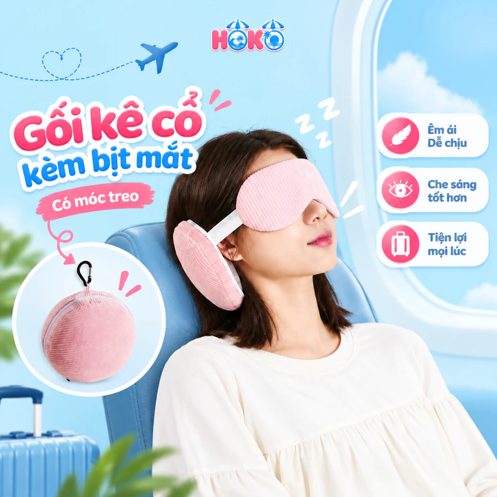Gối chữ U Kê Cổ Đa Năng Kèm Bịt Mắt Có Móc Treo HOKO Gối Ngủ 2 Trong 1, Gối Ngủ Ngắn, Gối Kê Cổ Khi Đi Máy Bay