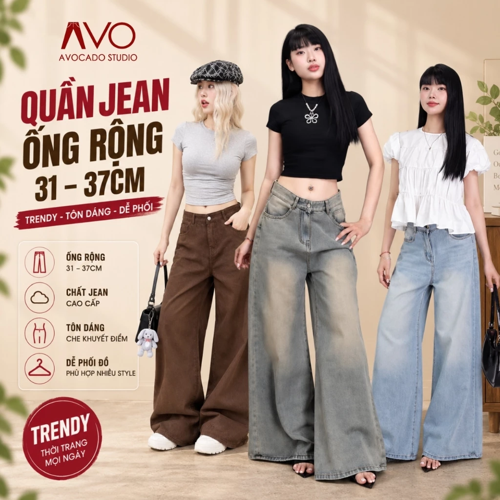 Quần Jean Ống Rộng Suông Basic Avo Avocado Ống 30-33cm Dễ Mix Đồ Năng Động,Quần Jean Ver.3 Dài chất liệu Denim formnamnữ