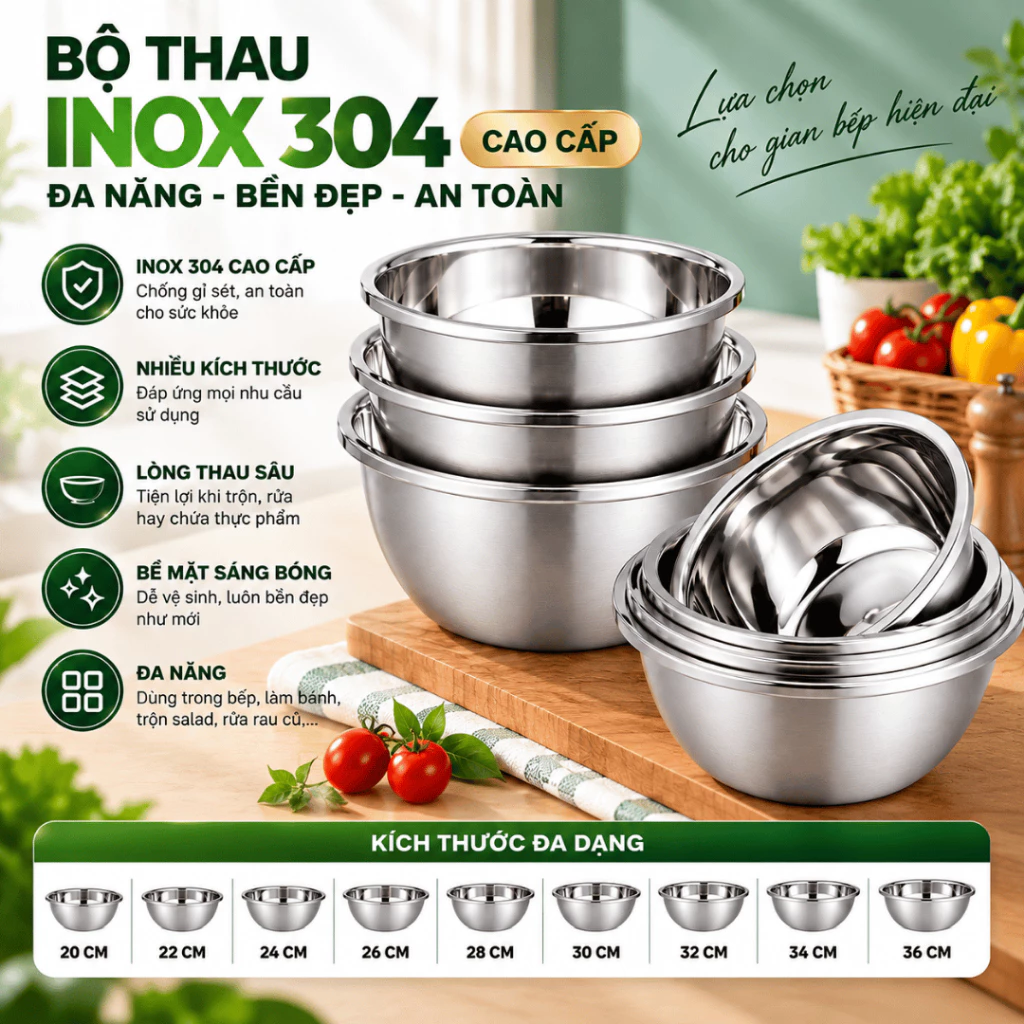 Combo Thau Inox Sâu Lòng 20–36cm Cao Cấp, Dày Dặn, Có Viền Cầm Tay Chắc Chắn