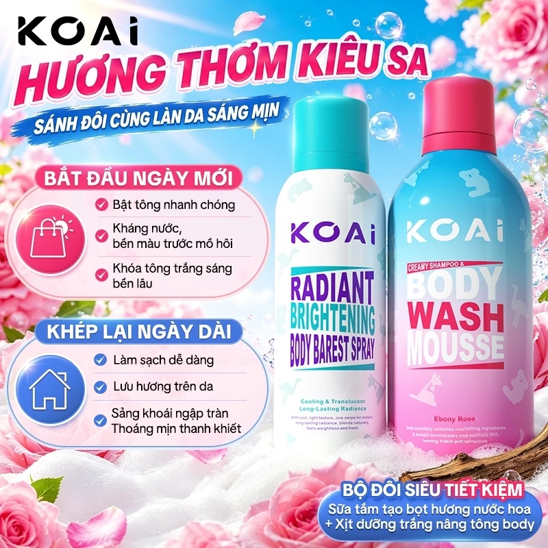 Combo Xịt Body Nâng Tone Koai 200ml + sữa tắm tạo bọt mịn350ml dưỡng ẩm da hương nước hoa