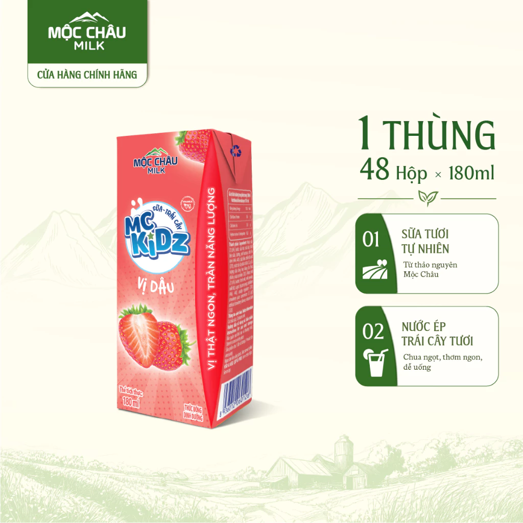 Thùng 48 Hộp Sữa Trái Cây MC Kidz Vị Dâu Mộc Châu Milk 180ml