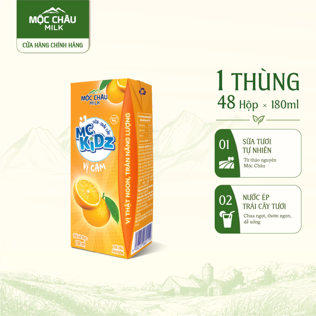 Thùng 48 Hộp Sữa Trái Cây MC Kidz Vị Cam Mộc Châu Milk 180ml