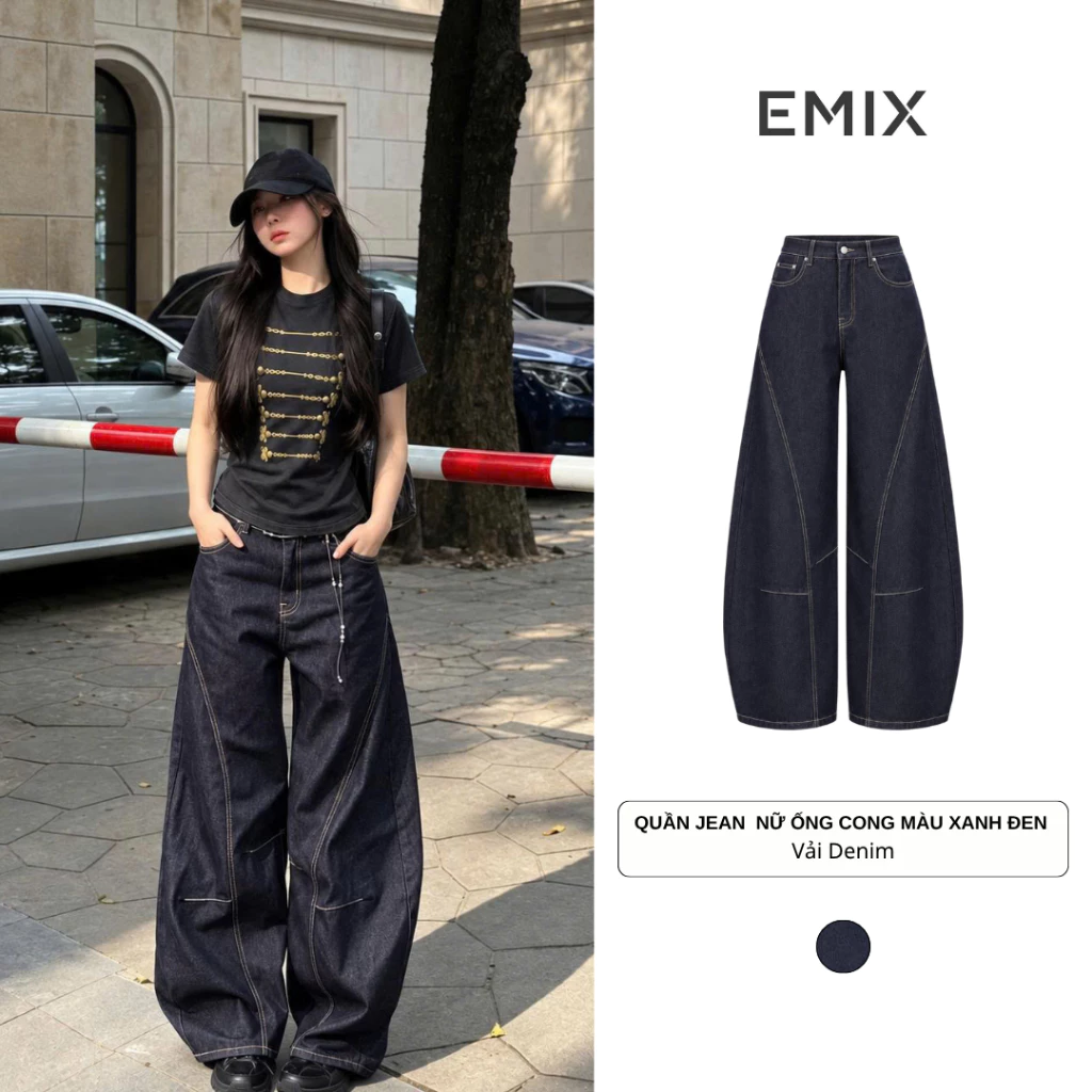 Quần Jean Nữ Ống Cong Cạp Cao Form Rộng Xanh Đen Chỉ Nổi Tôn Dáng Cá Tính EMIX Q.Jeans91