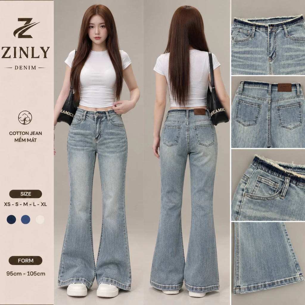 [ ZINLY SHOP ] Quần Jean Nữ Ống Loe Có Fom Ngắn 95Cm Và Dài 105Cm Cạp Tua Rua Màu Đẹp Vải Co Giản Mềm Mát Q470