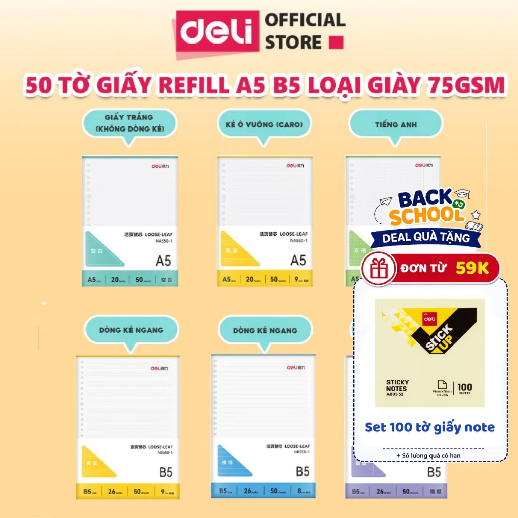 [🔥9/9 TẶNG GIẤY NOTE] Ruột Sổ Còng Deli Set 50/100 Tờ Giấy Refill A5/B5/A4 Kẻ Ngang, Caro, Trơn Chống Lóa Không Lem