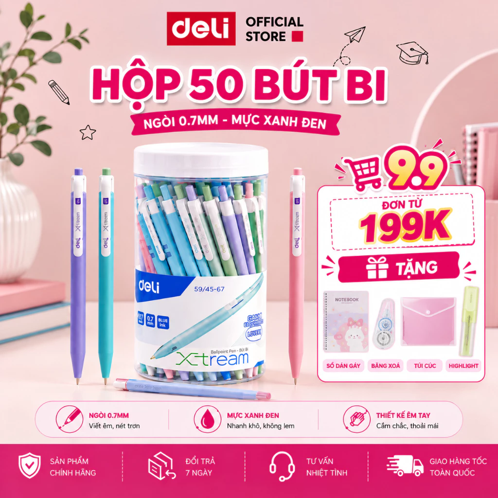 [🔥9.9 TẶNG 4 QUÀ] Hộp 50 Bút Bi Bấm Mực Xanh/Đỏ/Đen Ngòi 0.7mm Deli Viết Nét Đều Trơn Tru Học Sinh Văn Phòng
