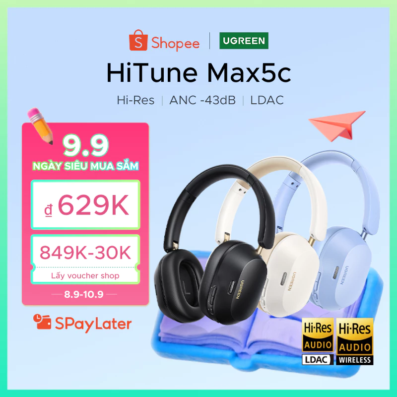 Tai nghe Bluetooth Ugreen Hitune Max5c Hi-Res  | Hybrid ANC | Kết nối 2 thiết bị | Bluetooth Chụp Tai Chống Ồn