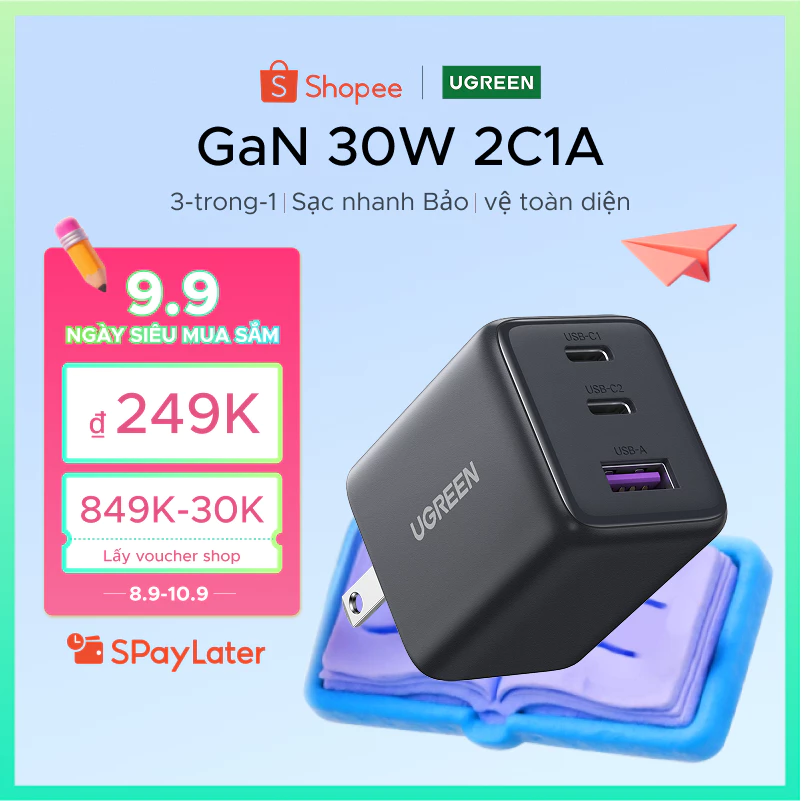 Bộ sạc USB C UGREEN 30W Nexode GaN PPS Khối sạc tường nhanh gọn Bộ chuyển đổi nguồn USB-C cho Galaxy S25 S24 Ultra