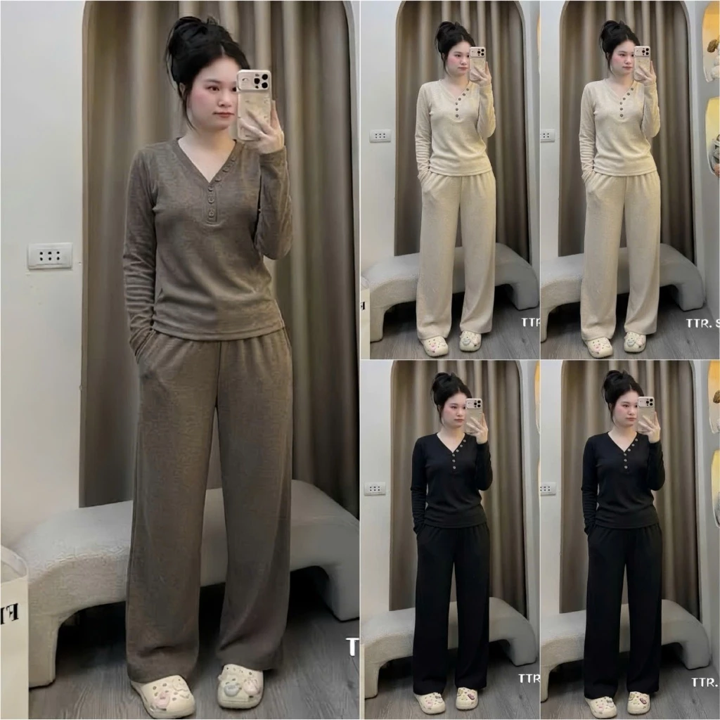 HT89. [BỘ ] Sét chất len lông thỏ mềm, dày áo dài tay+ quần suông. Đủ size SMLXL 40kg- 70kg
