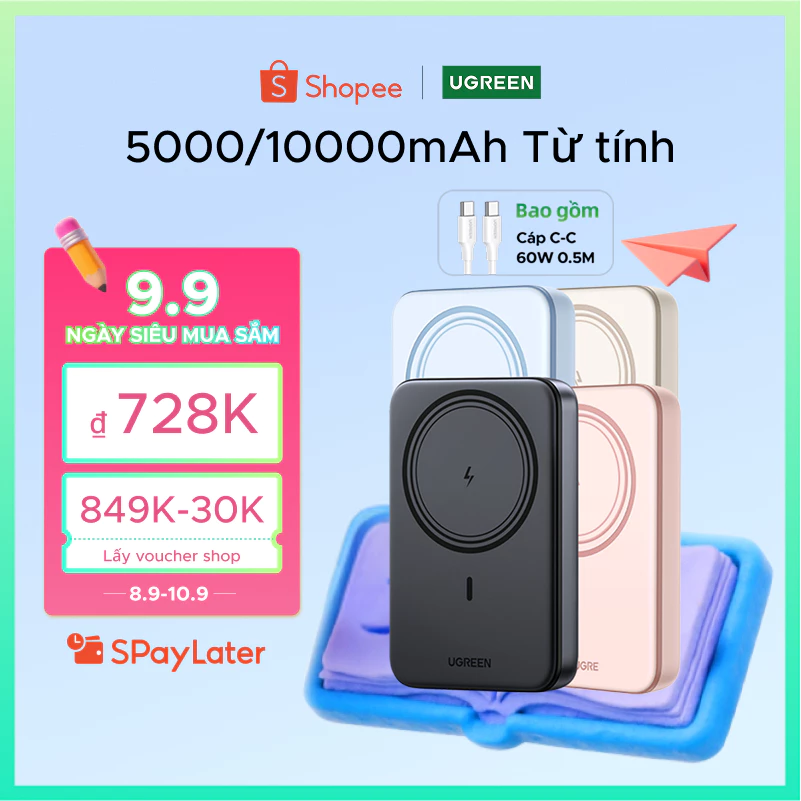 【Tặng Cáp Miễn Phí】Sạc dự phòng không dây Ugreen 10000mAh | Sạc đồng thơi 2 thiết bị | Pin Li-on | Bảo hành 18 tháng